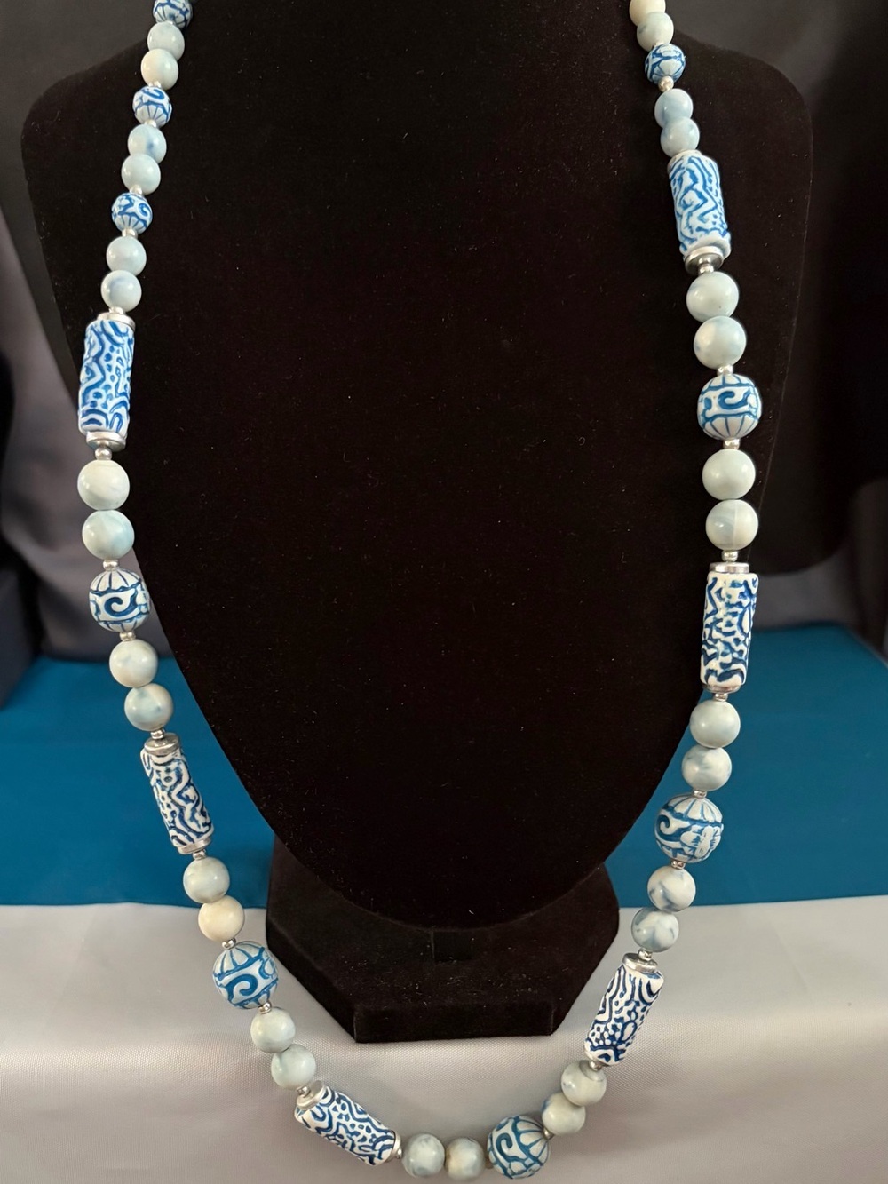 Vintage Blue and White Ceramic Bead Necklace - Women Jewelry